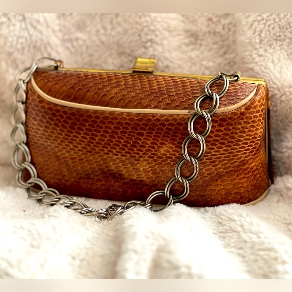 Vintage Snakeskin Chain Strap Clutch Bag Gold Frame